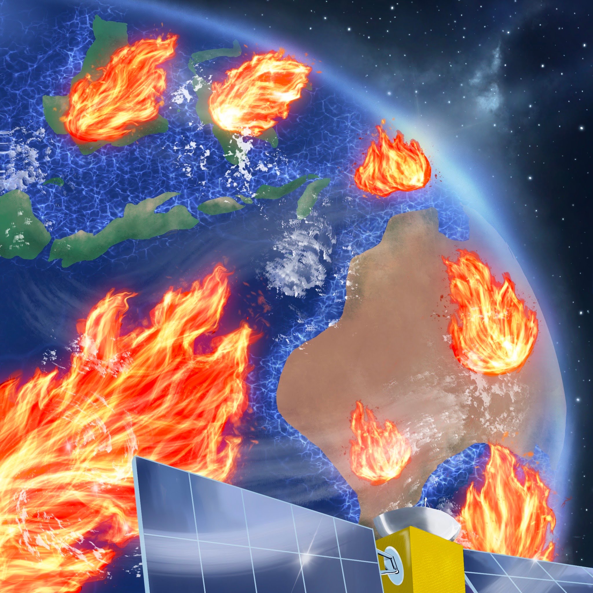 Original digital illustration — world in flames viewed from orbit