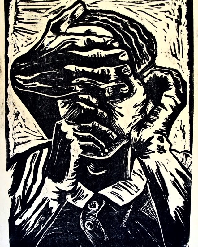 Original relief print — figure with hand raised